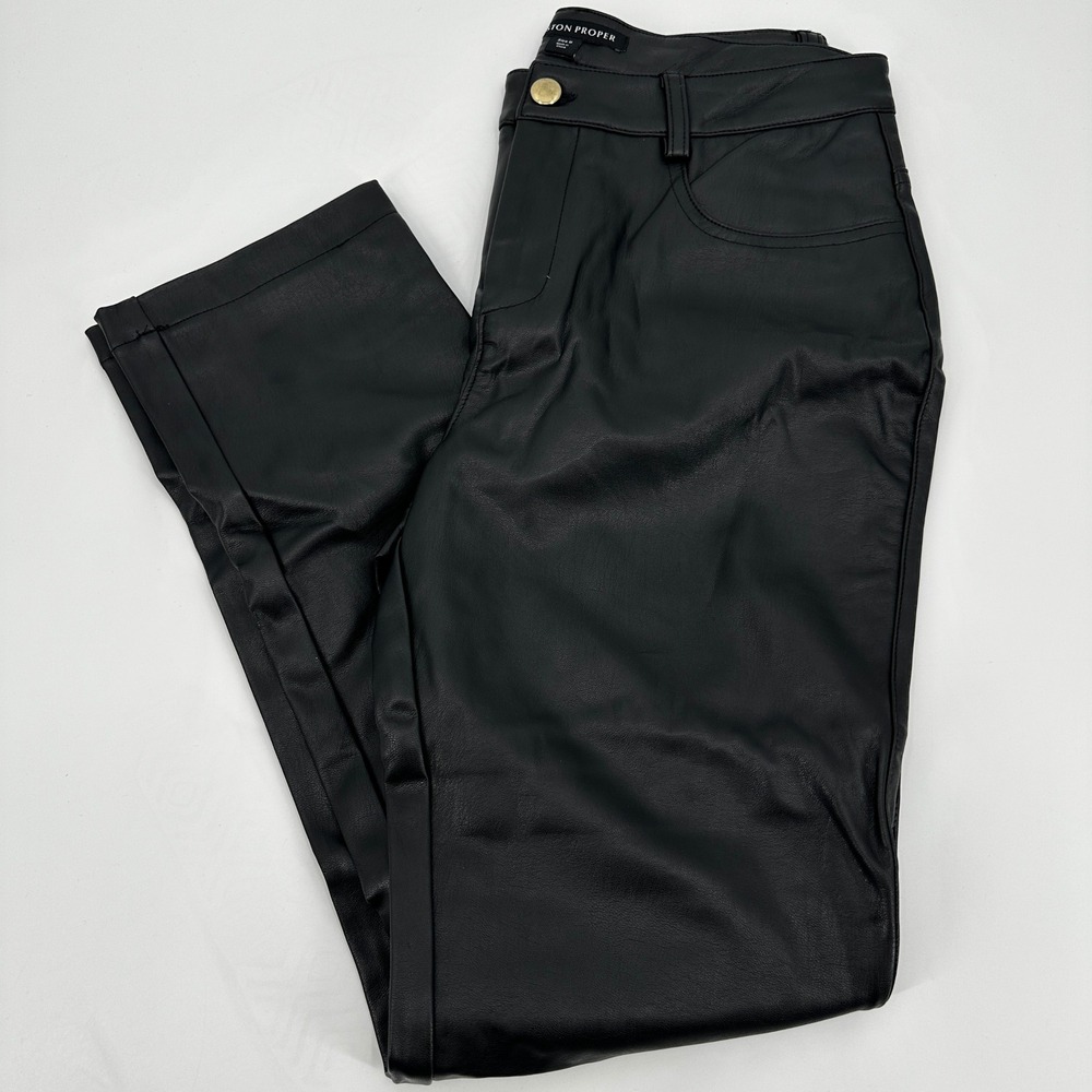 Boston Proper Black‎ Faux Leather Slim Leg Pants Size 6 Gold Button Biker Rocker
